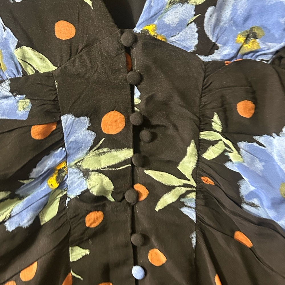 Free People Black Long Sleeve Blue Floral County Cottage Core Dress Large Button - Picture 3 of 8